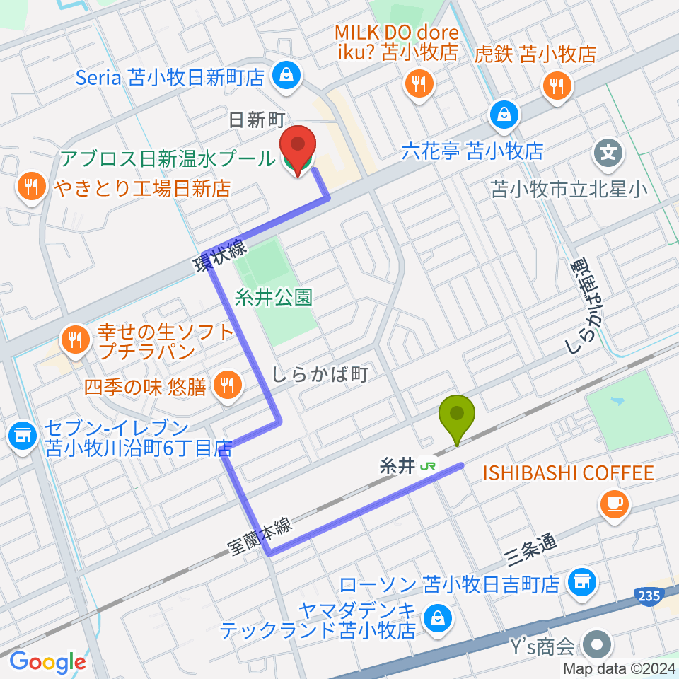 アブロス日新温水プールの最寄駅糸井駅からの徒歩ルート（約13分）地図