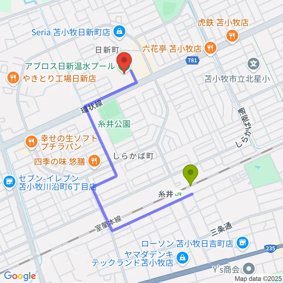 アブロス日新温水プールの最寄駅糸井駅からの徒歩ルート（約13分）地図