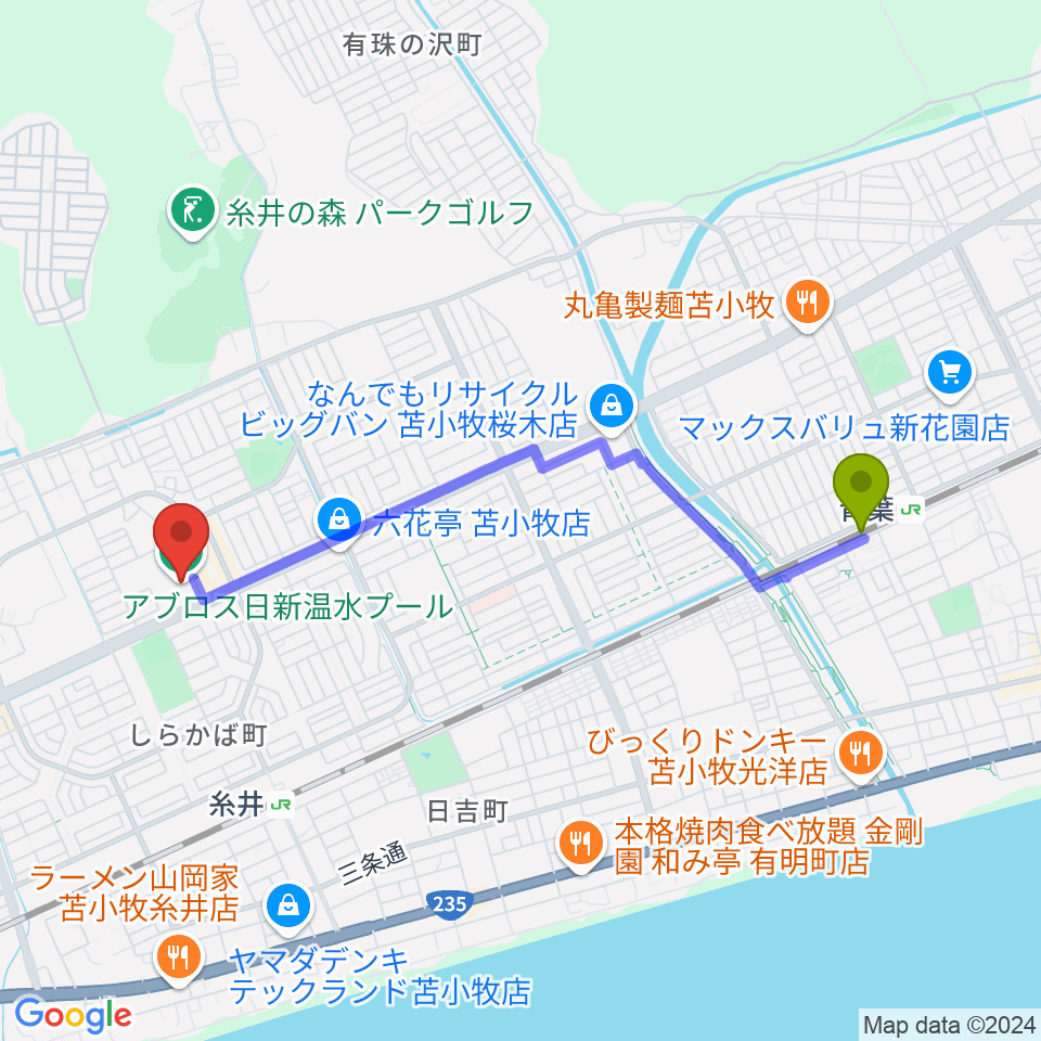 青葉駅からアブロス日新温水プールへのルートマップ地図