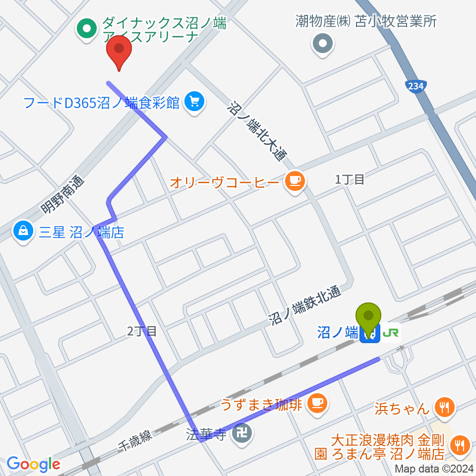 アブロス沼ノ端スポーツセンターの最寄駅沼ノ端駅からの徒歩ルート（約11分）地図