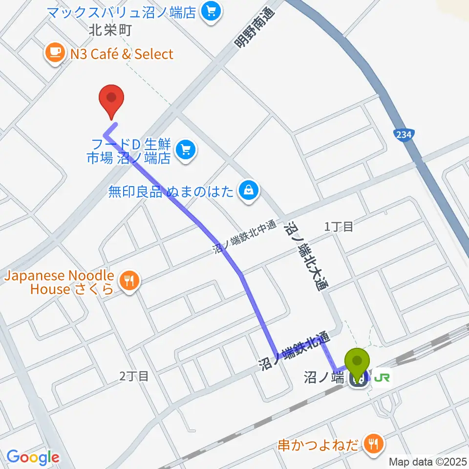 アブロス沼ノ端スポーツセンターの最寄駅沼ノ端駅からの徒歩ルート（約11分）地図
