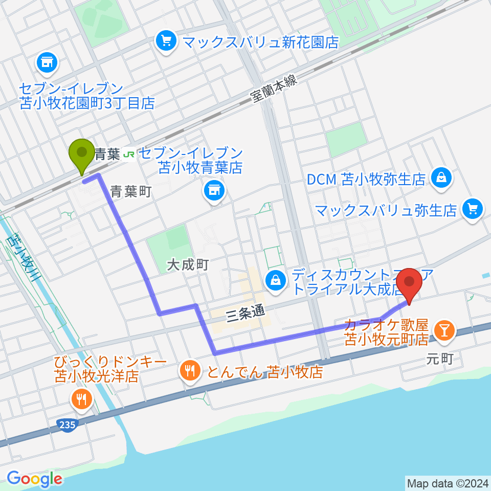 アブロス矢代スポーツセンターの最寄駅青葉駅からの徒歩ルート（約20分）地図