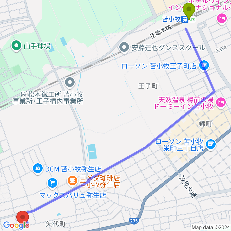 苫小牧駅からアブロス矢代スポーツセンターへのルートマップ地図