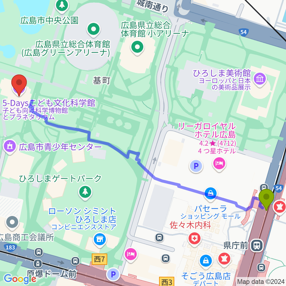 県庁前駅から5-Daysこども文化科学館へのルートマップ地図