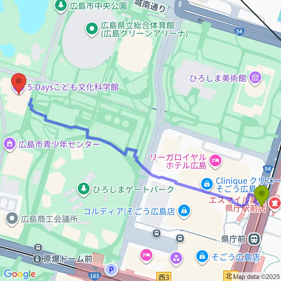 県庁前駅から5-Daysこども文化科学館へのルートマップ地図