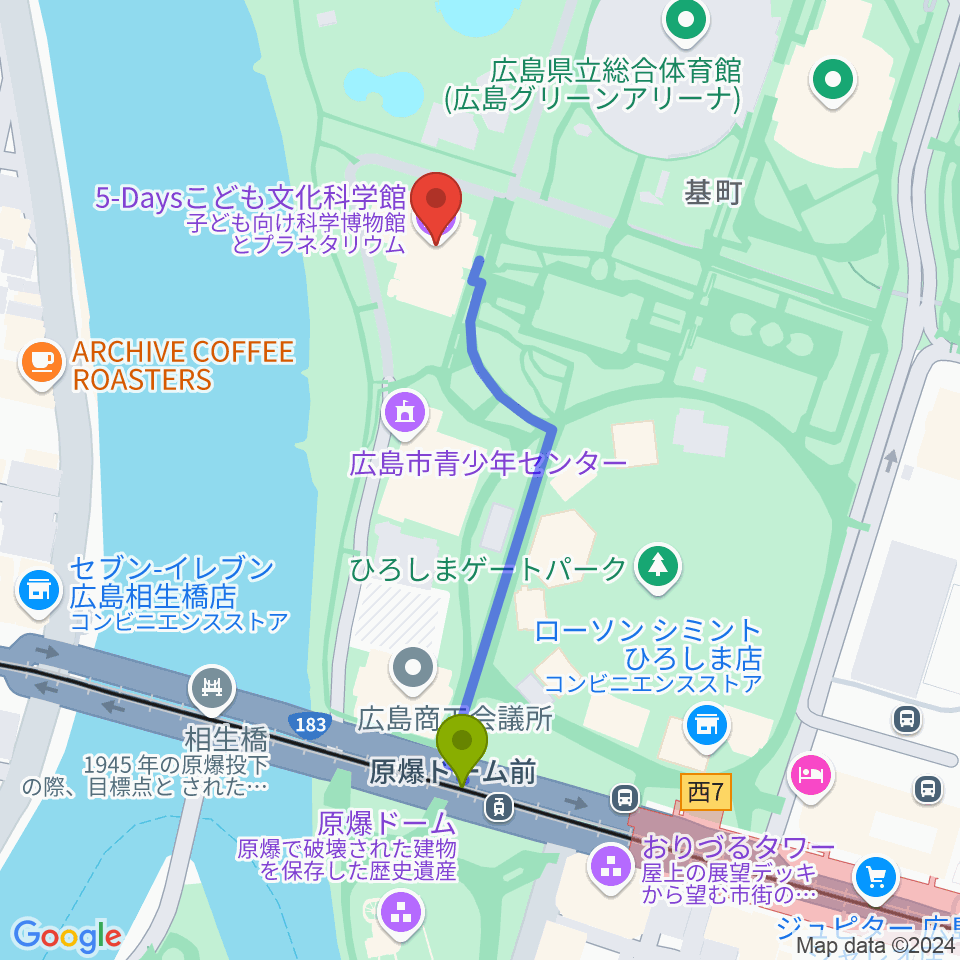5-Daysこども文化科学館の最寄駅原爆ドーム前駅からの徒歩ルート（約4分）地図