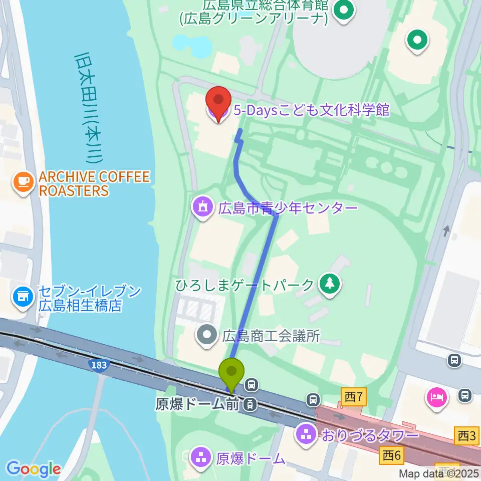 5-Daysこども文化科学館の最寄駅原爆ドーム前駅からの徒歩ルート（約4分）地図