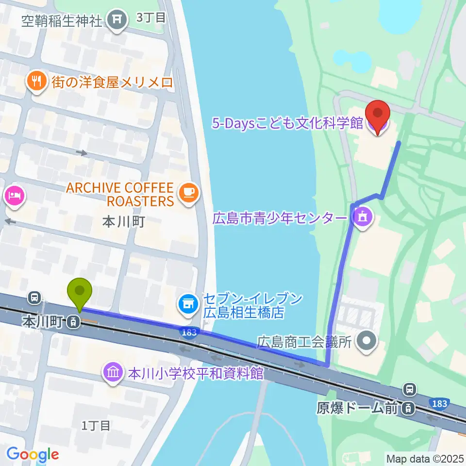 本川町駅から5-Daysこども文化科学館へのルートマップ地図