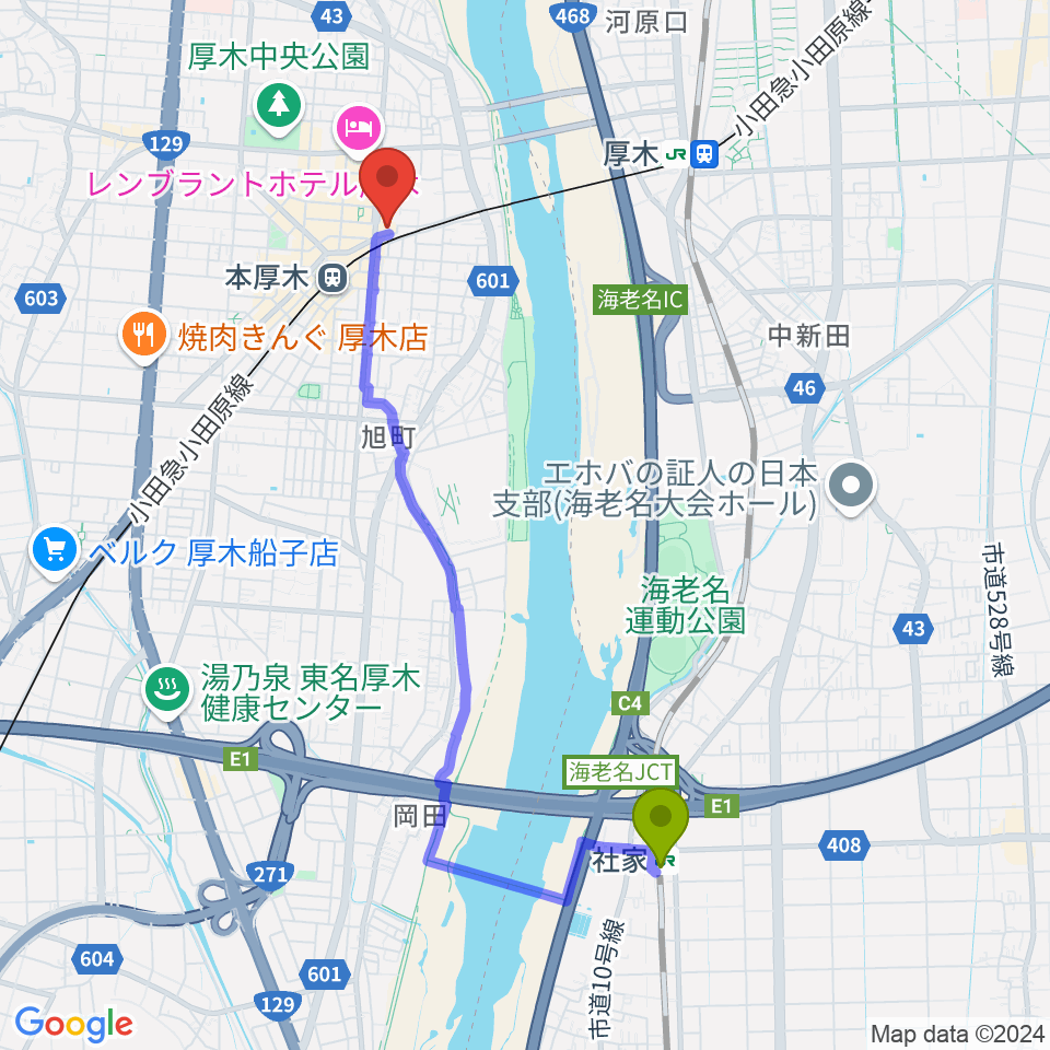 社家駅から神奈川工科大学厚木市子ども科学館へのルートマップ地図