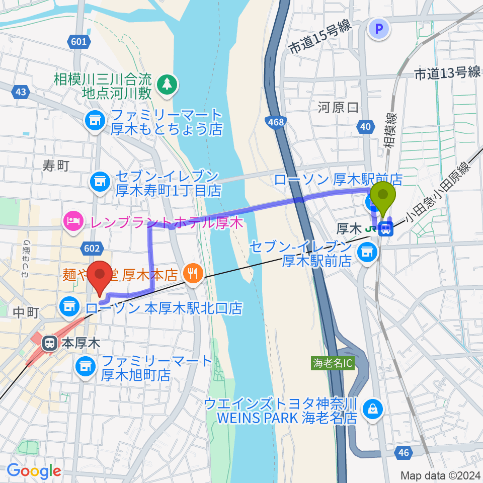 厚木駅から神奈川工科大学厚木市子ども科学館へのルートマップ地図