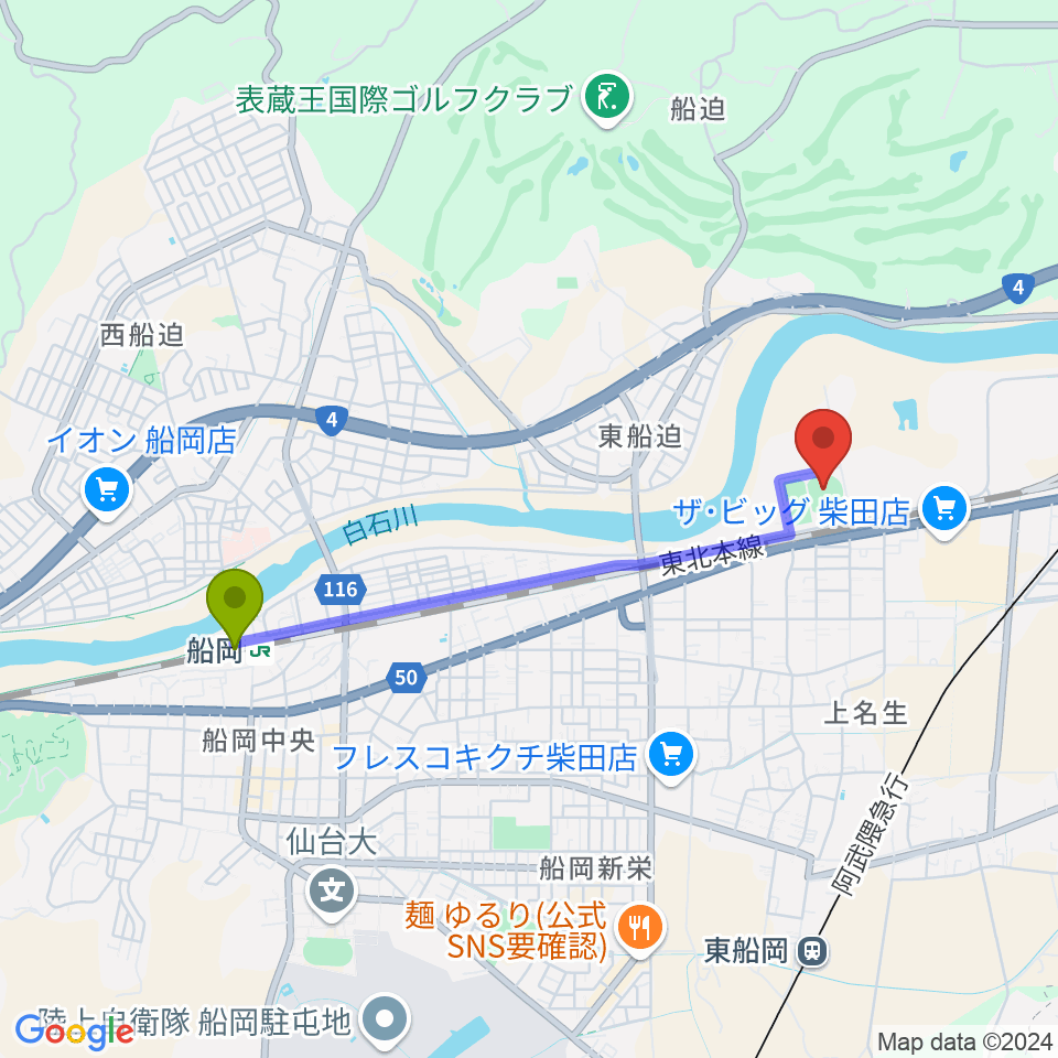 船岡駅からアステムチャレンジスタジアムへのルートマップ地図