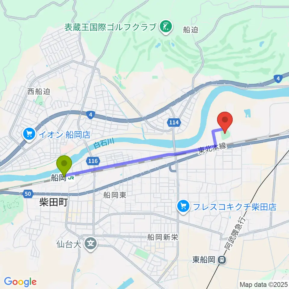 船岡駅からアステムチャレンジスタジアムへのルートマップ地図