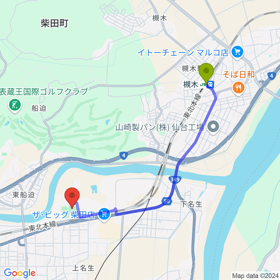 槻木駅からアステムチャレンジスタジアムへのルートマップ地図