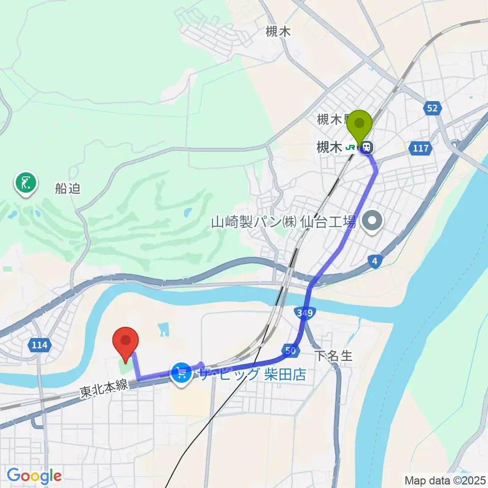 槻木駅からアステムチャレンジスタジアムへのルートマップ地図