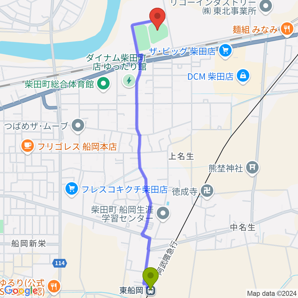 アステムチャレンジスタジアムの最寄駅東船岡駅からの徒歩ルート（約26分）地図