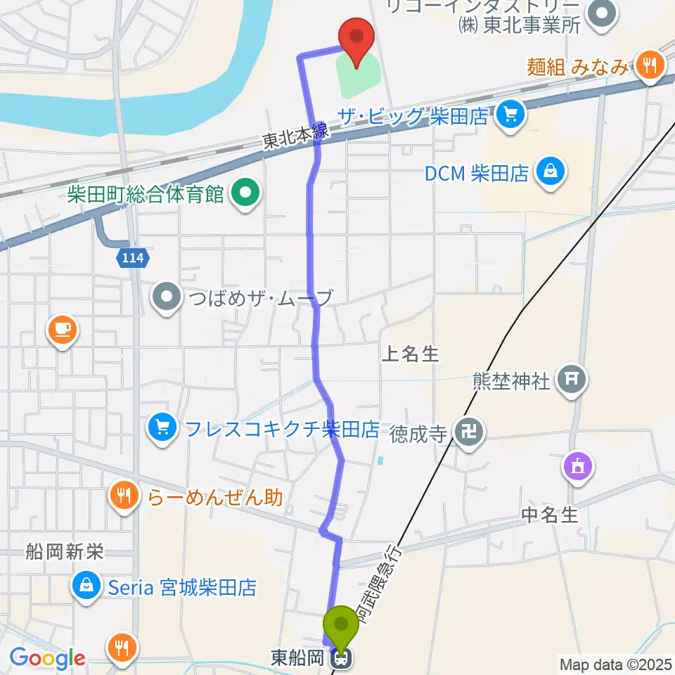 アステムチャレンジスタジアムの最寄駅東船岡駅からの徒歩ルート（約26分）地図