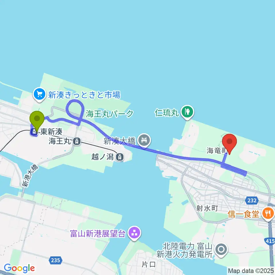 東新湊駅からオリバースポーツフィールド射水へのルートマップ地図