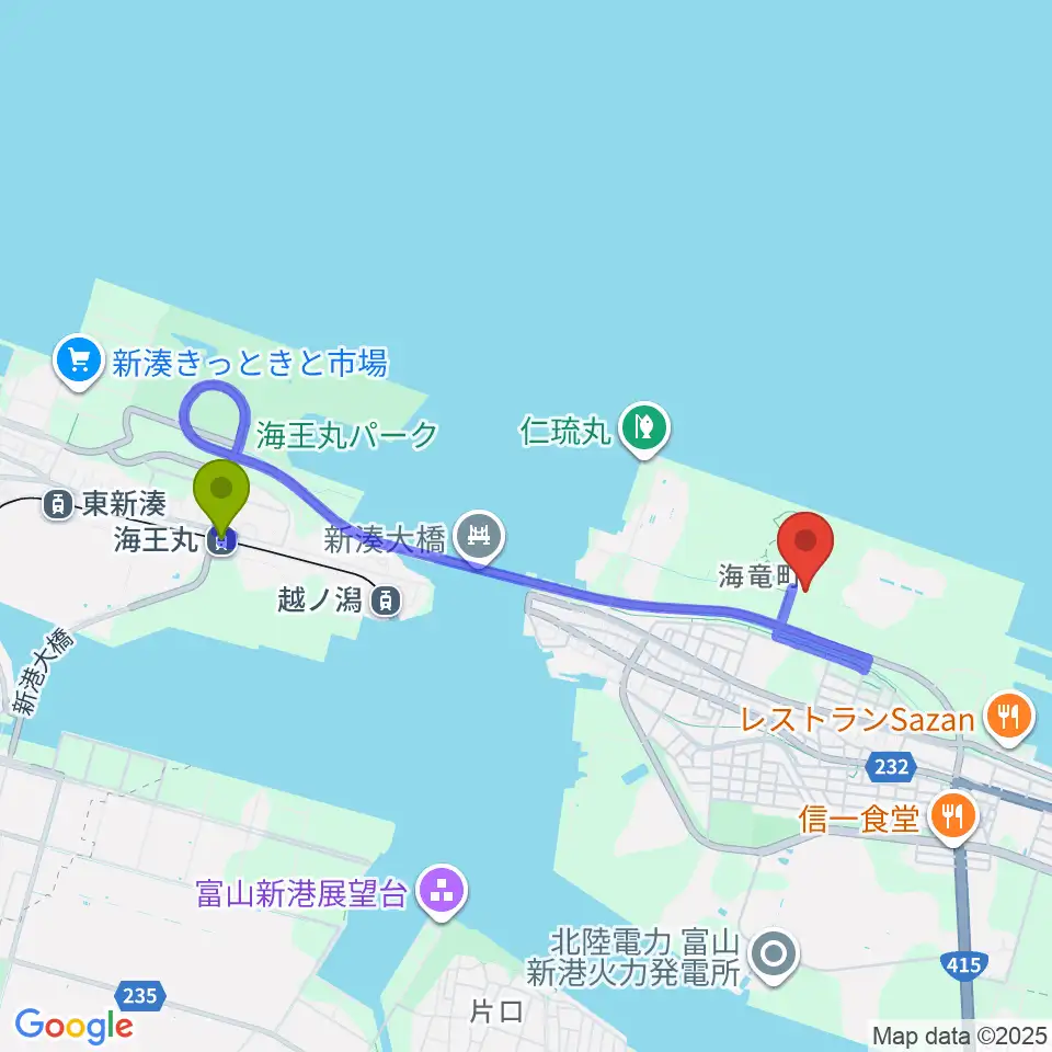 海王丸駅からオリバースポーツフィールド射水へのルートマップ地図
