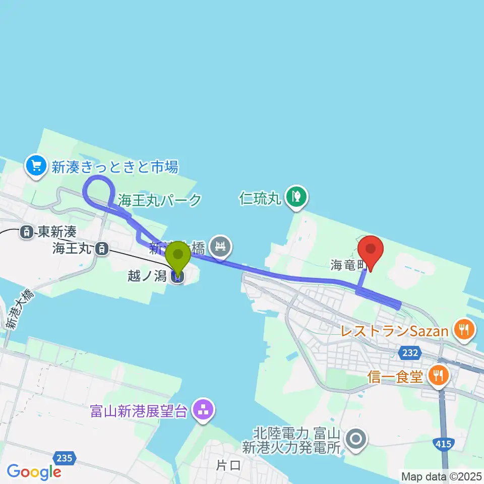 オリバースポーツフィールド射水の最寄駅越ノ潟駅からの徒歩ルート（約24分）地図