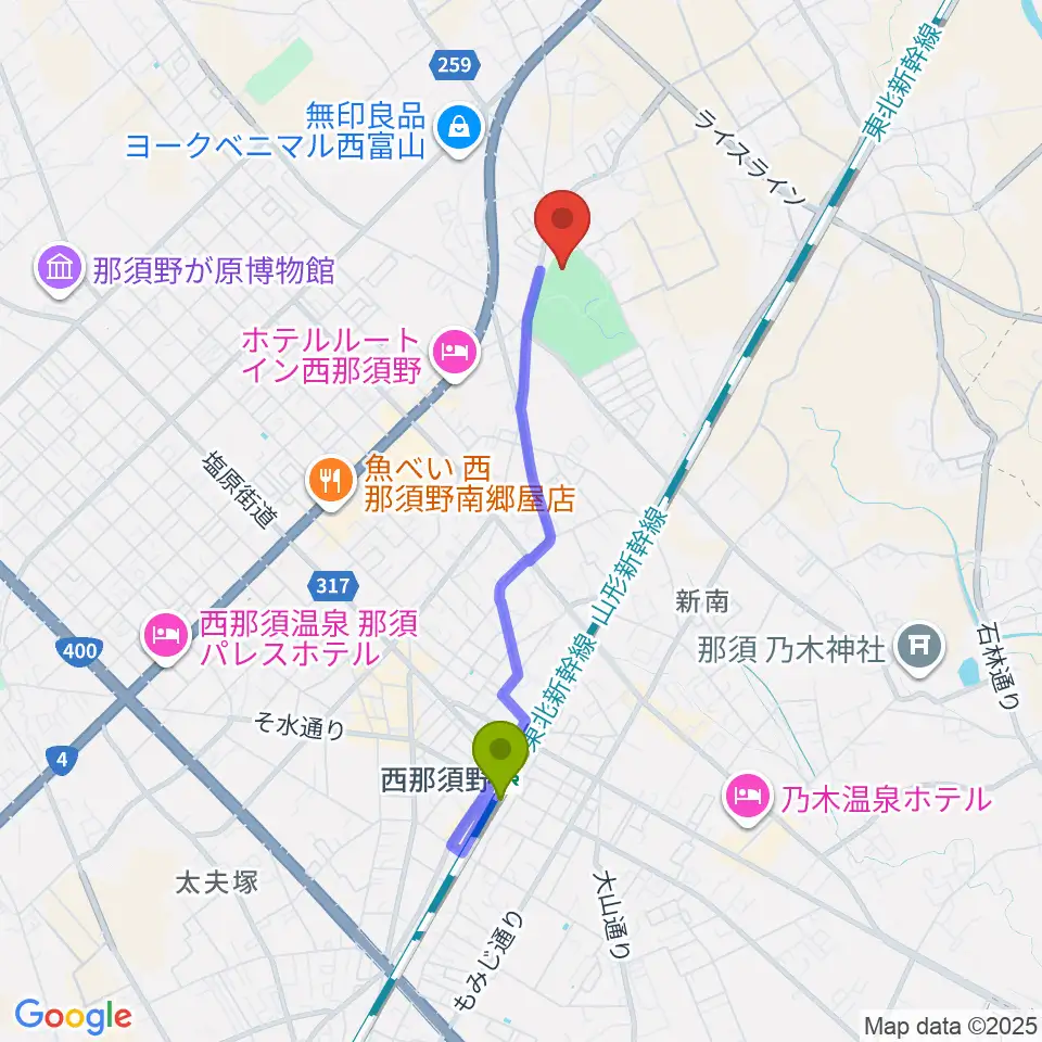 三和住宅にしなすのスポーツプラザ体育館の最寄駅西那須野駅からの徒歩ルート（約31分）地図