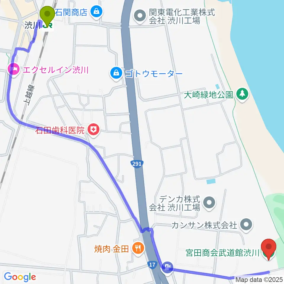 宮田商会武道館渋川の最寄駅渋川駅からの徒歩ルート（約17分）地図