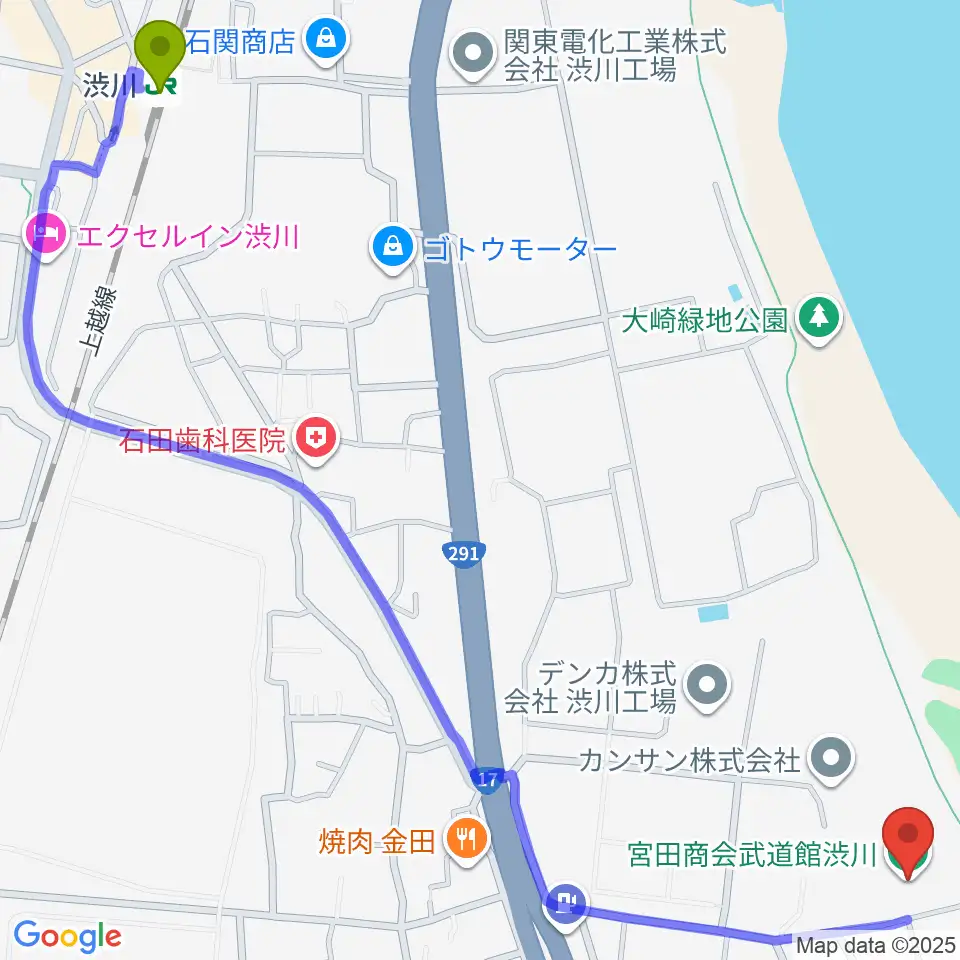 宮田商会武道館渋川の最寄駅渋川駅からの徒歩ルート（約17分）地図
