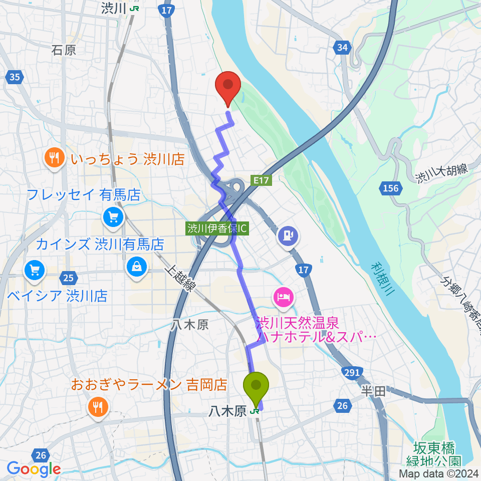 八木原駅から宮田商会武道館渋川へのルートマップ地図