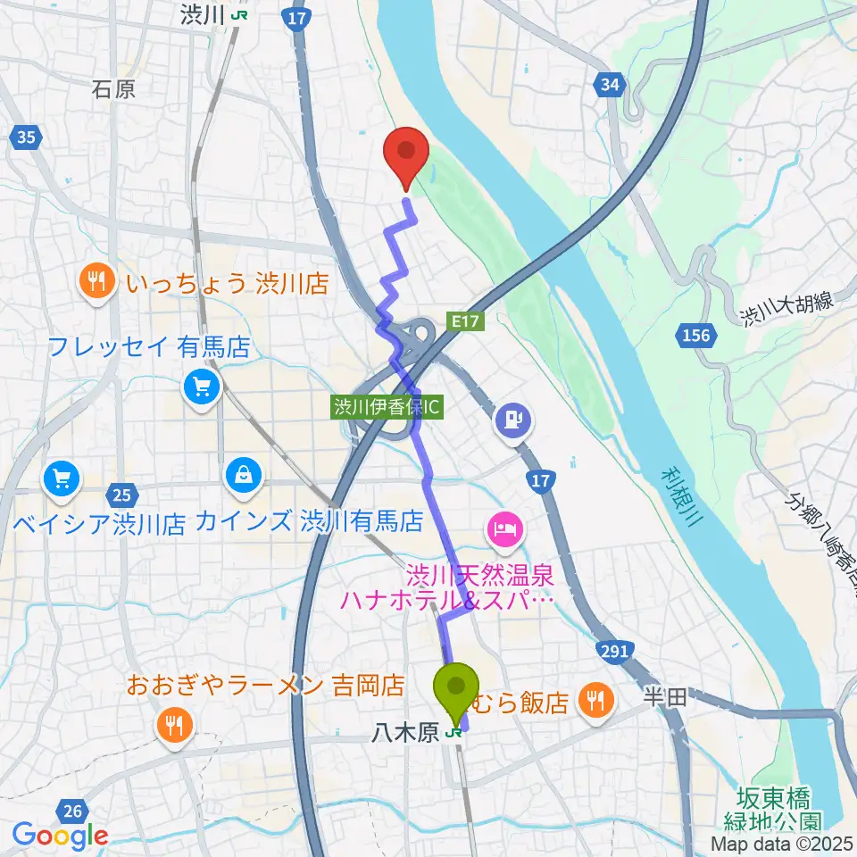 八木原駅から宮田商会武道館渋川へのルートマップ地図