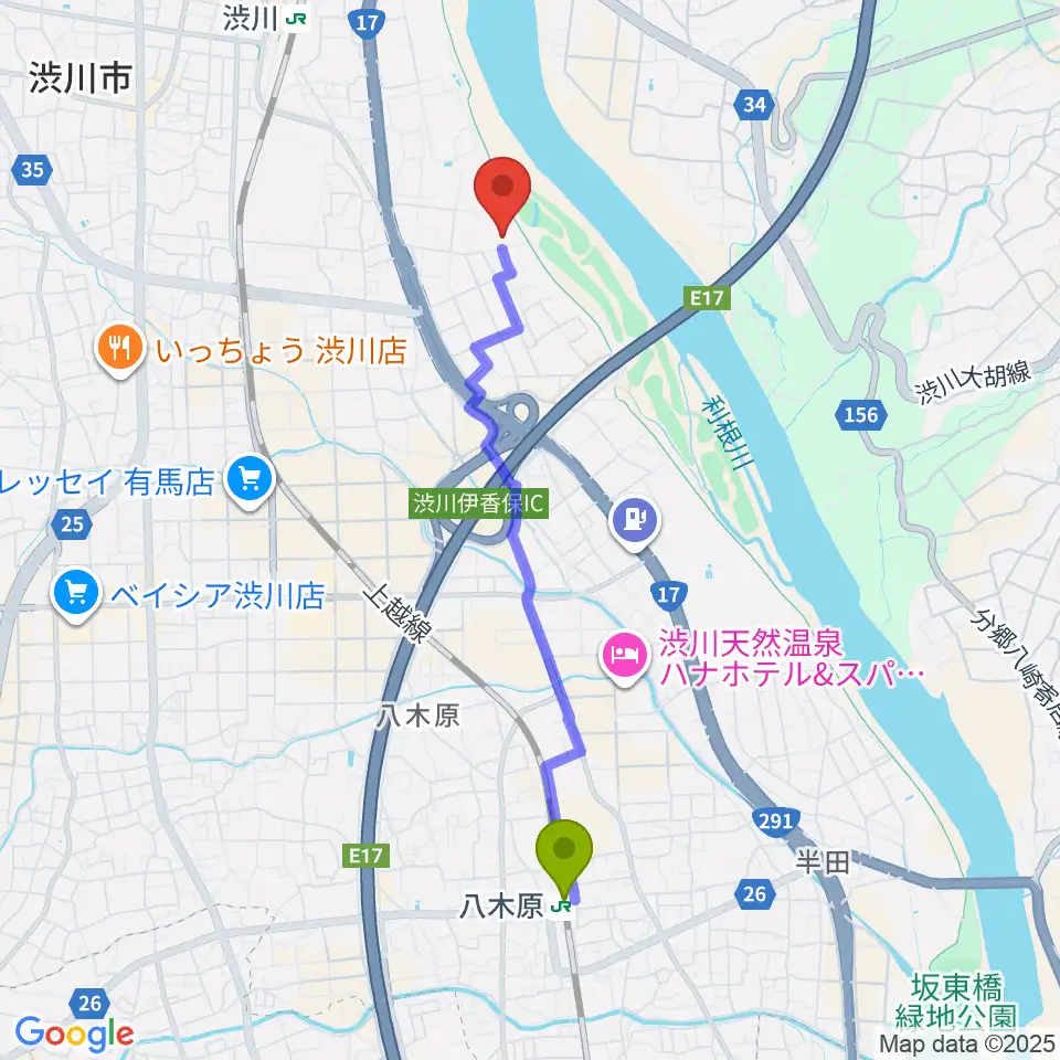 八木原駅から宮田商会武道館渋川へのルートマップ地図