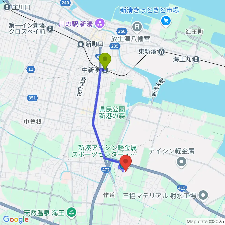 新湊アイシン軽金属スポーツセンターの最寄駅中新湊駅からの徒歩ルート（約28分）地図