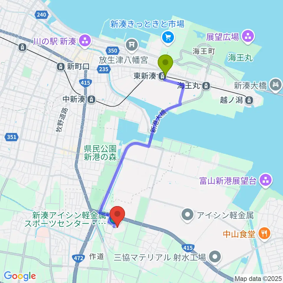 東新湊駅から新湊アイシン軽金属スポーツセンターへのルートマップ地図