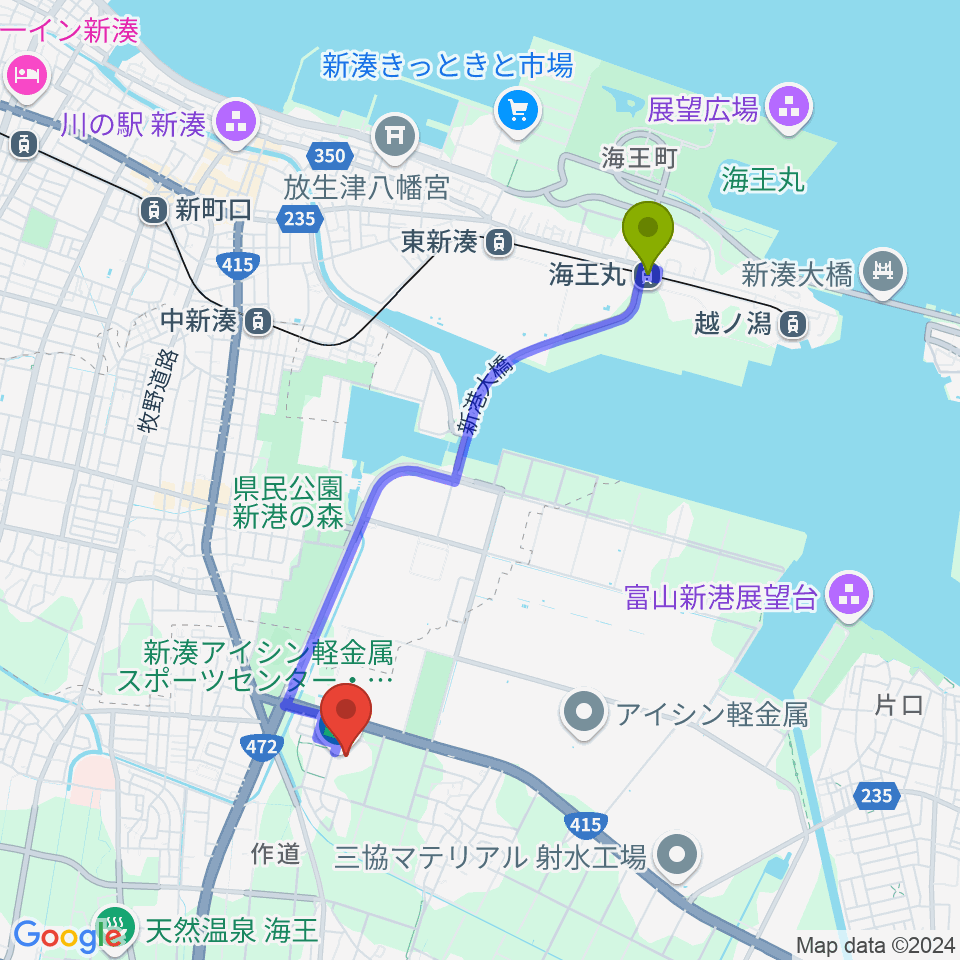 海王丸駅から新湊アイシン軽金属スポーツセンターへのルートマップ地図