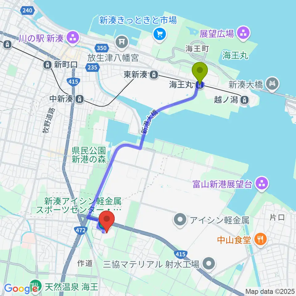 海王丸駅から新湊アイシン軽金属スポーツセンターへのルートマップ地図