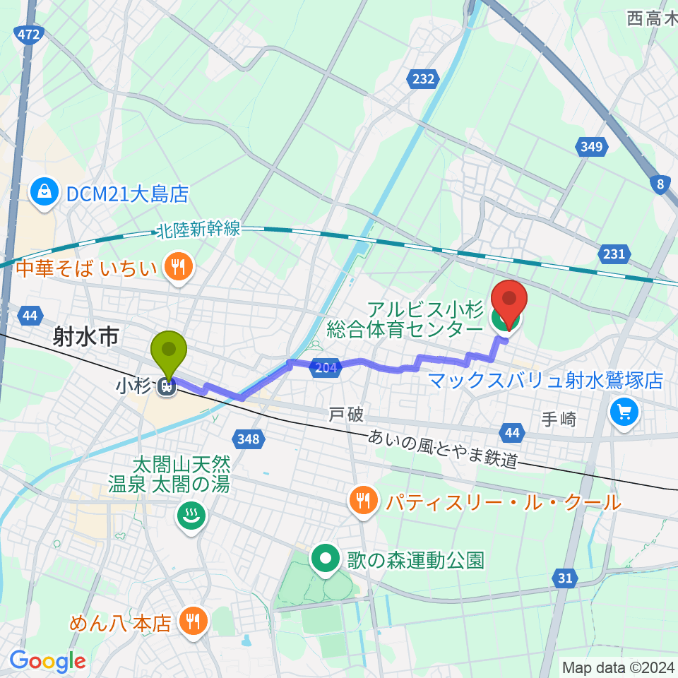 アルビス小杉総合体育センターの最寄駅小杉駅からの徒歩ルート（約31分）地図