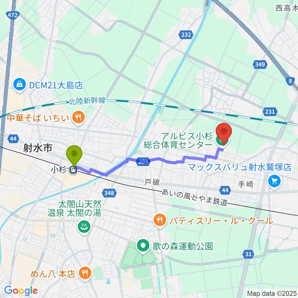 アルビス小杉総合体育センターの最寄駅小杉駅からの徒歩ルート（約31分）地図