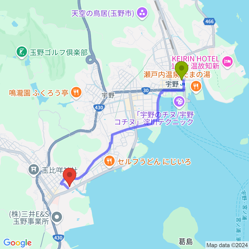 玉野市総合体育館の最寄駅宇野駅からの徒歩ルート（約39分）地図