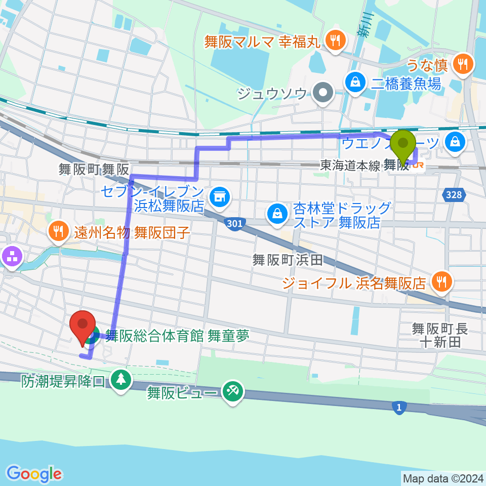 浜松市舞阪総合体育館の最寄駅舞阪駅からの徒歩ルート（約24分）地図