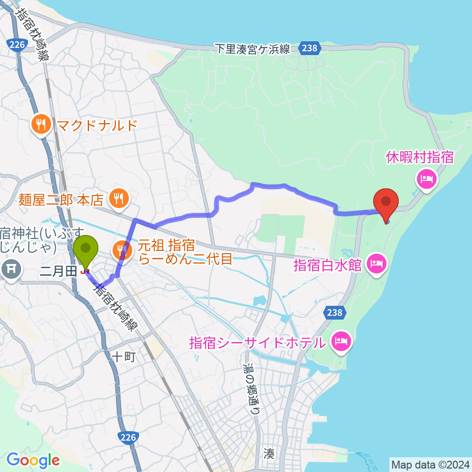 指宿総合体育館の最寄駅二月田駅からの徒歩ルート（約42分）地図