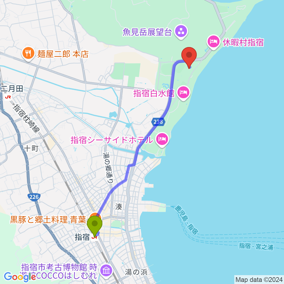 指宿駅から指宿総合体育館へのルートマップ地図