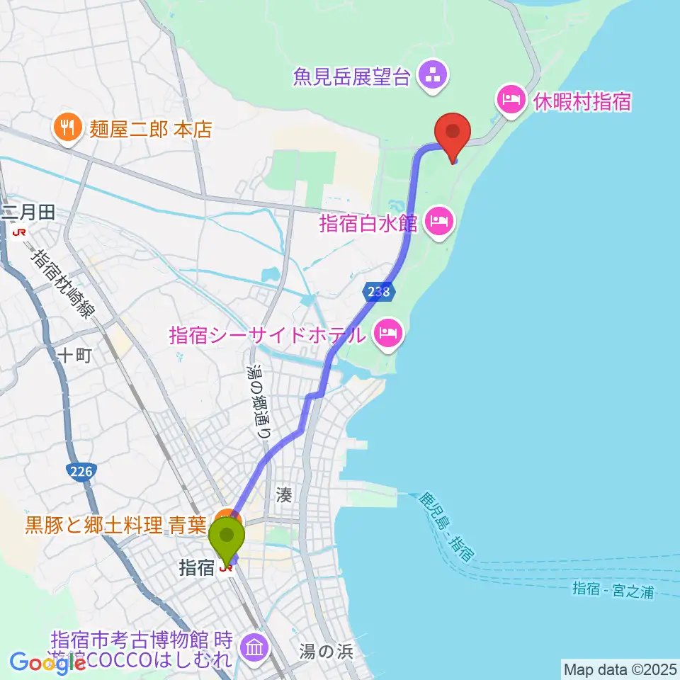 指宿駅から指宿総合体育館へのルートマップ地図