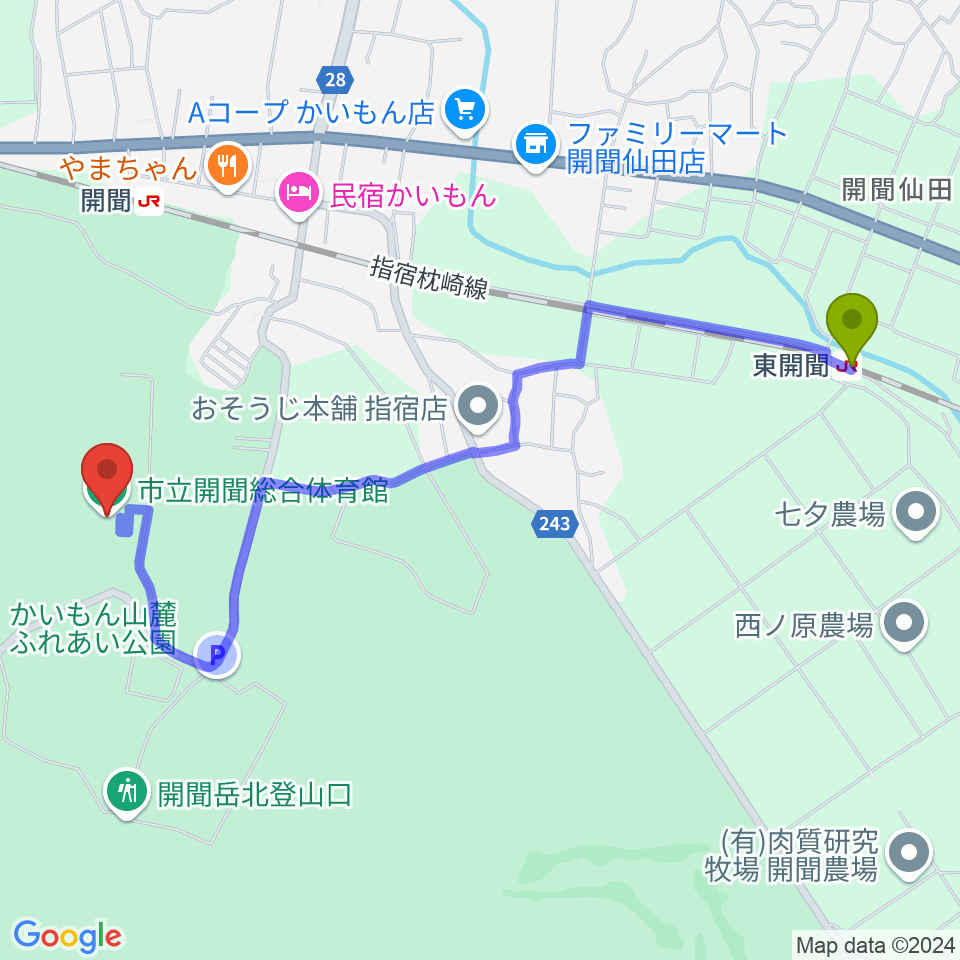 東開聞駅から開聞総合体育館へのルートマップ地図