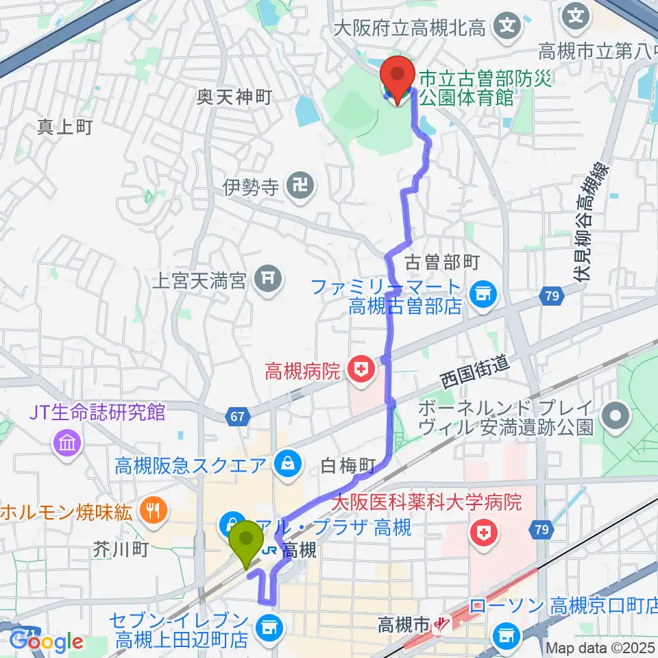 古曽部防災公園体育館の最寄駅高槻駅からの徒歩ルート（約23分）地図