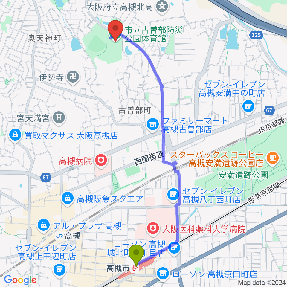 高槻市駅から古曽部防災公園体育館へのルートマップ地図