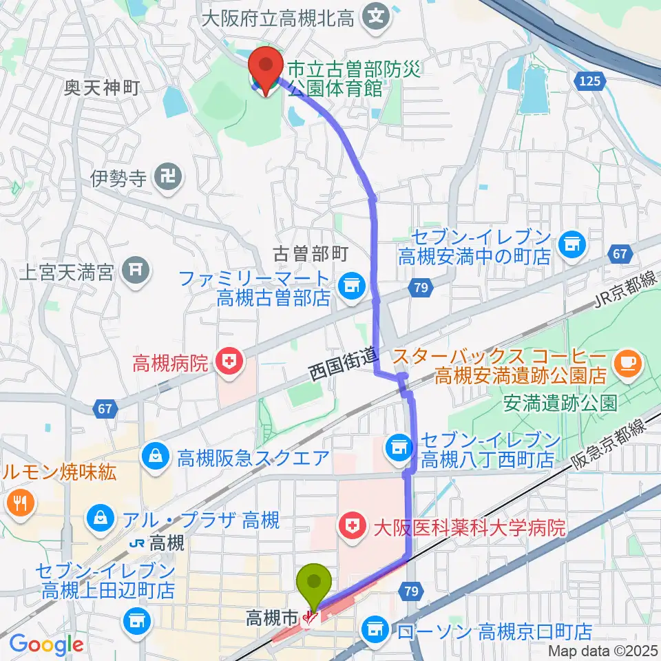 高槻市駅から古曽部防災公園体育館へのルートマップ地図