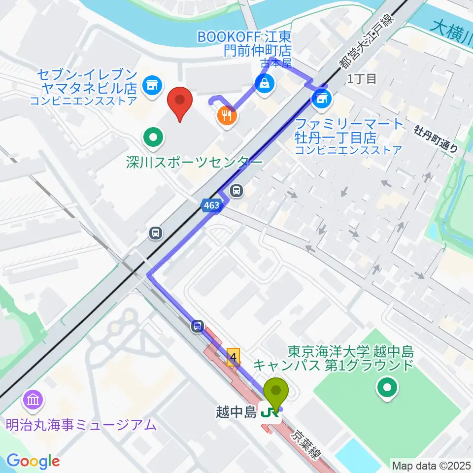 深川スポーツセンターの最寄駅越中島駅からの徒歩ルート（約5分）地図