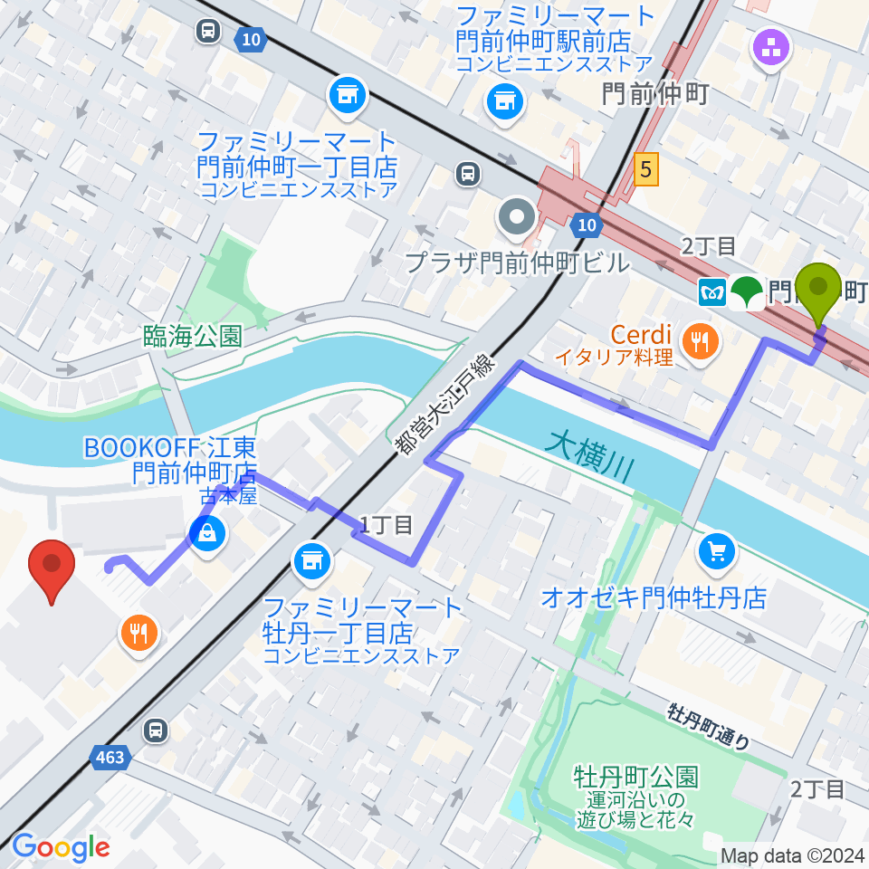 門前仲町駅から深川スポーツセンターへのルートマップ地図