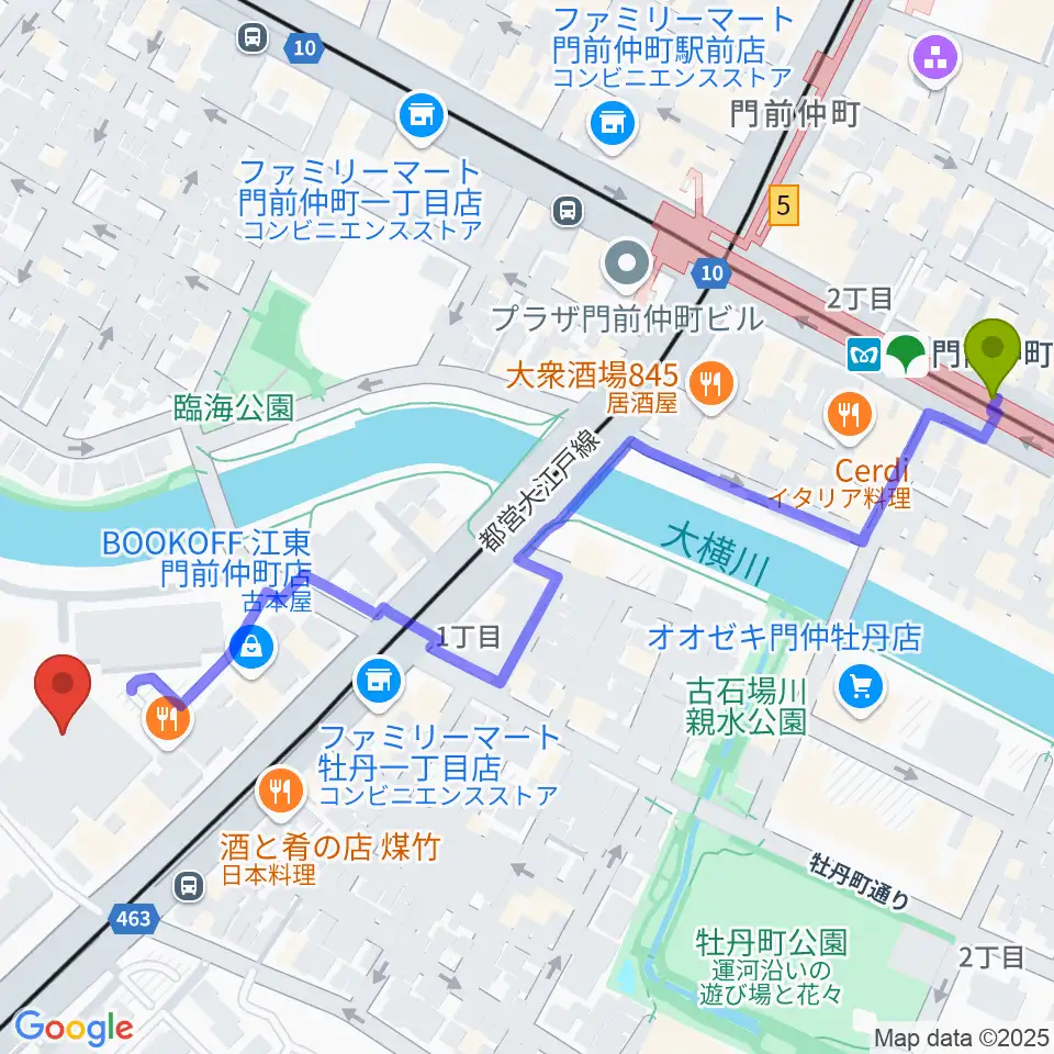 門前仲町駅から深川スポーツセンターへのルートマップ地図