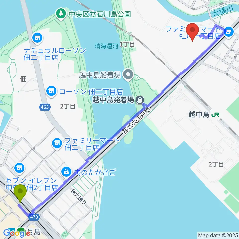 月島駅から深川スポーツセンターへのルートマップ地図