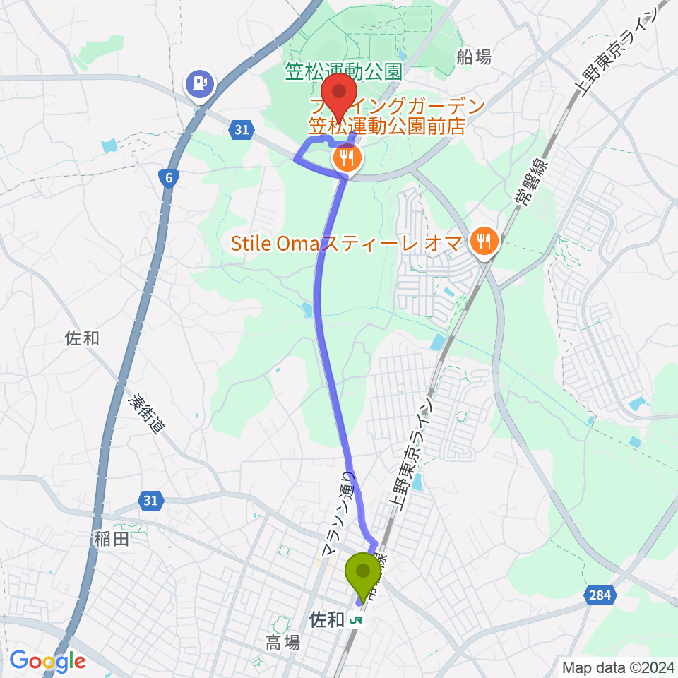 山新スイミングアリーナの最寄駅佐和駅からの徒歩ルート（約43分）地図