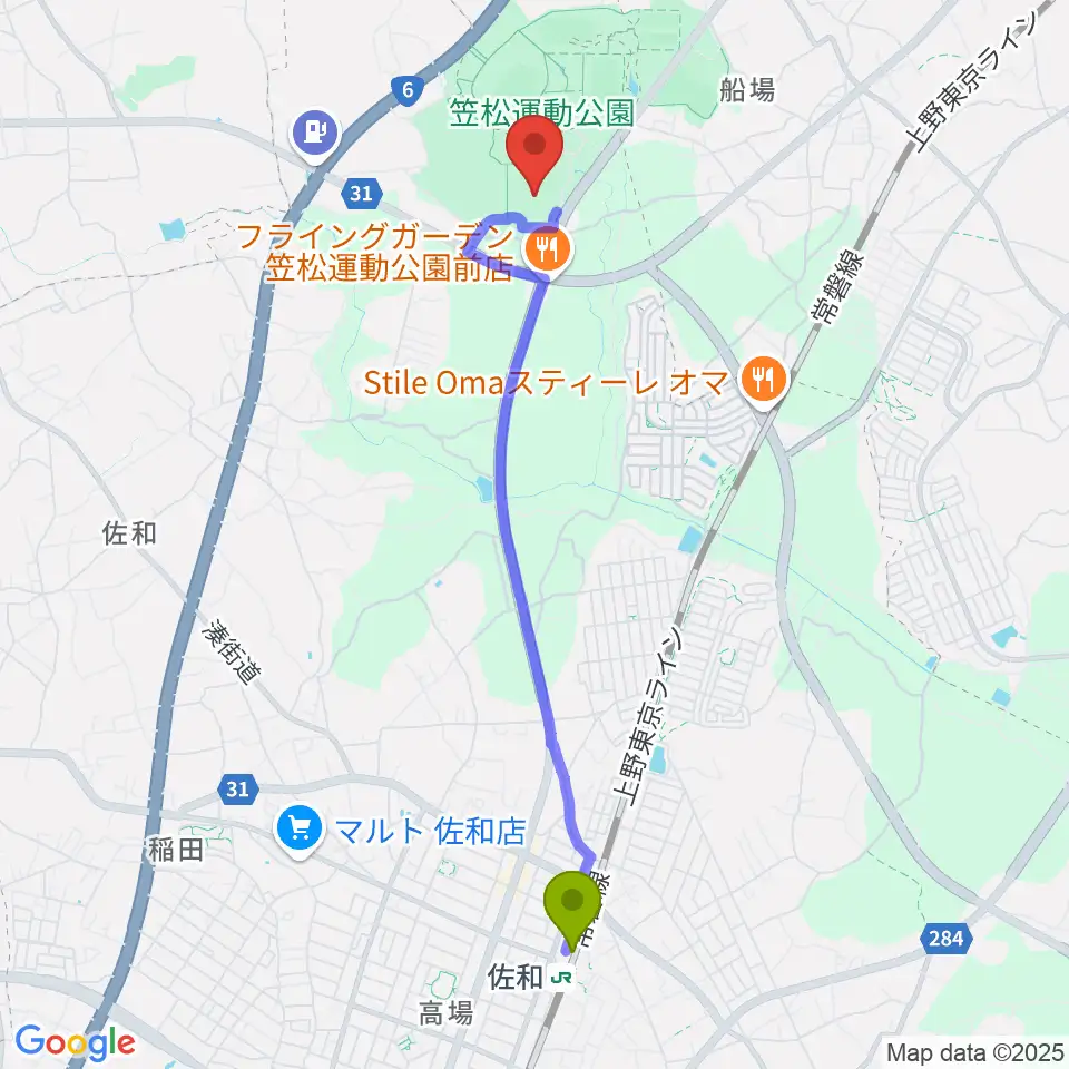 山新スイミングアリーナの最寄駅佐和駅からの徒歩ルート（約43分）地図